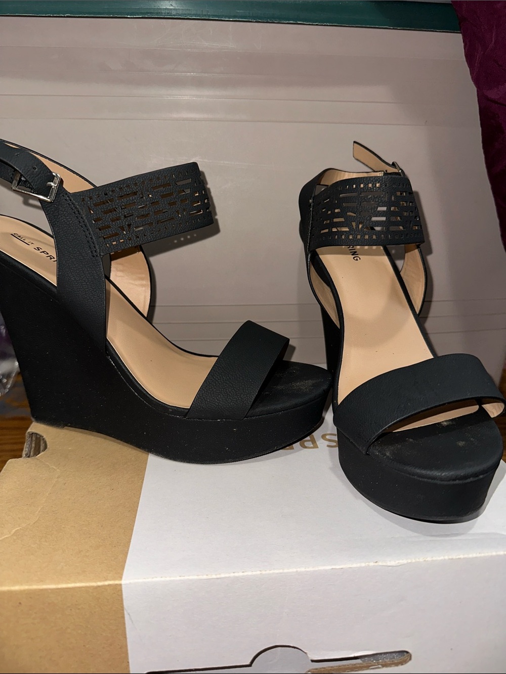 Call It Spring Black Perforated Ankle-Strap Wedge Sandals